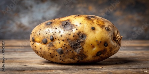 Diseased potato tuber with black spots and streaks, unsuitable for food or planting, showcasing rough, worn texture against a dirty, muted background.