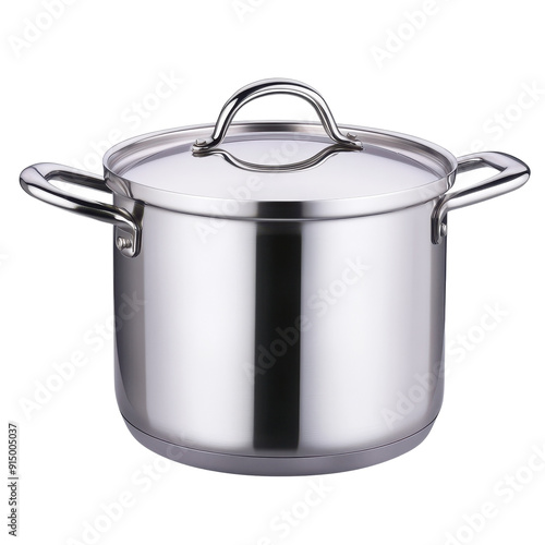 Shiny stainless steel pot with a lid, perfect for cooking and kitchen use. Ideal for boiling and preparing delicious meals.