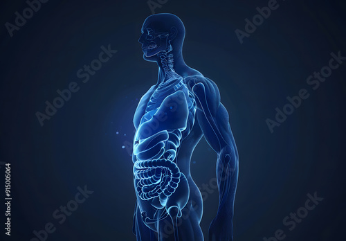 Human digestive system anatomy on blue color background. 3d illustration design