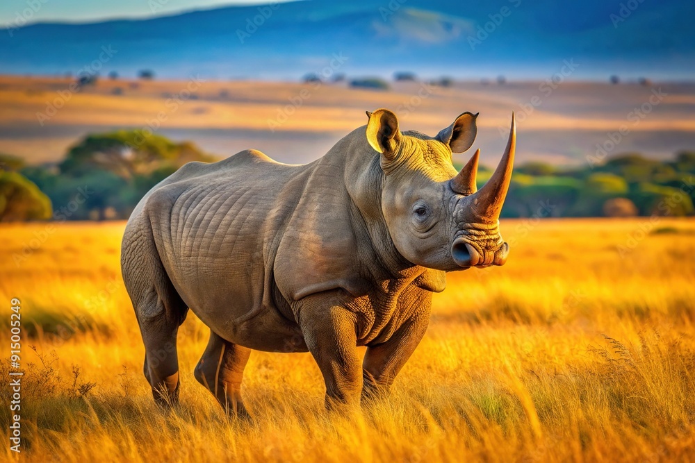 Fototapeta premium Magnificent endangered black rhino stands alone in a sun-drenched savannah landscape in Kenya, its wrinkled gray skin and horn a testament to its ancient heritage.