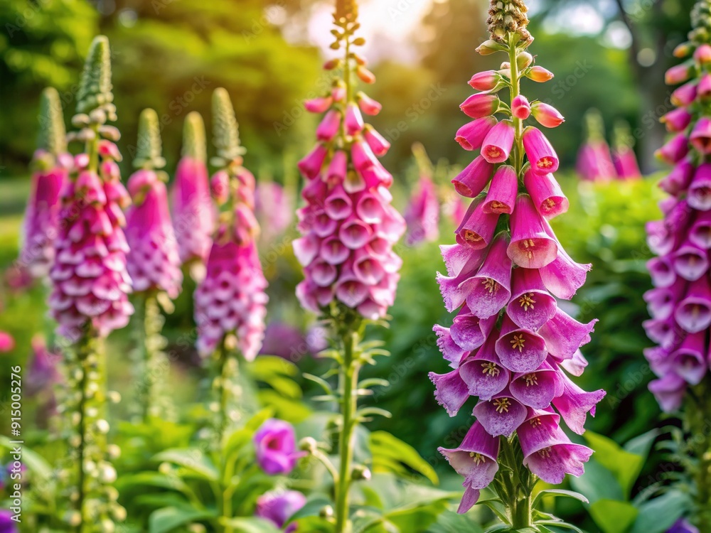 Fototapeta premium Vibrant pink flowering foxglove blooms with delicate, tubular bells and soft green leaves against a clean white background in a serene Dutch garden on a spring morning.