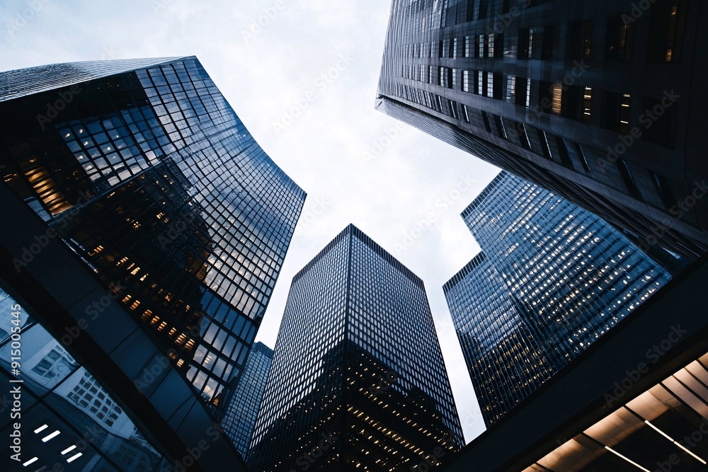 The view shows towering skyscrapers reaching towards the cloudy sky in a bustling urban area, highlighting the modern architecture and geometric designs The view shows towering skyscrapers reaching towards the cloudy sky in a bustling urban area, highlighting the modern architecture and geometric designs