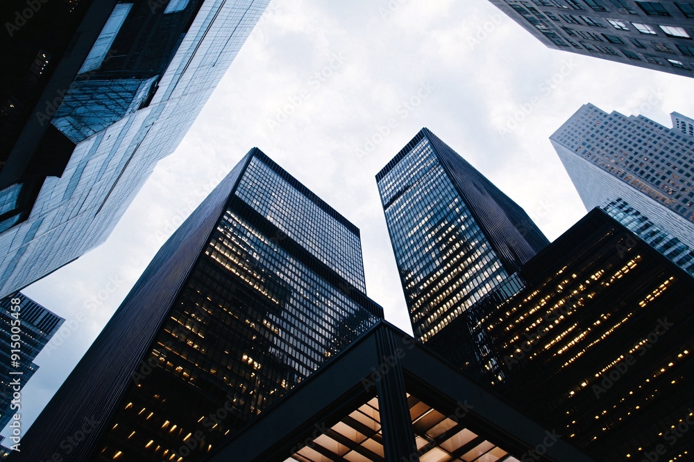 High-rise buildings tower over pedestrians, reflecting light from windows as the sky turns gray in the early evening, creating a dynamic urban atmosphere High-rise buildings tower over pedestrians, reflecting light from windows as the sky turns gray in the early evening, creating a dynamic urban atmosphere
