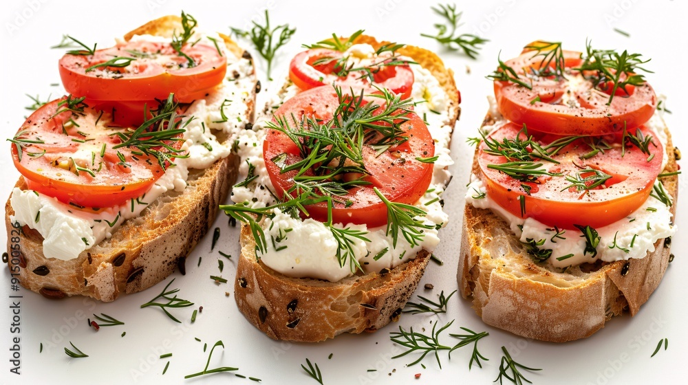 Tasty cheese-topped toast with tomato slices and dill, viewed from above against a white background. Tasty cheese-topped toast with tomato slices and dill, viewed from above against a white background.