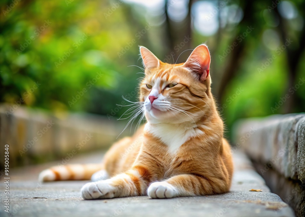 Adorable orange cat with white belly lounges on concrete ground, paws outstretched, eyes closed, exuding deep relaxation and contentment in serene outdoor setting. Adorable orange cat with white belly lounges on concrete ground, paws outstretched, eyes closed, exuding deep relaxation and contentment in serene outdoor setting.