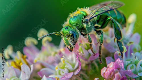 A Close-Up of a Metallic Green Bee on a Flower photo