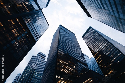 Tall skyscrapers dominate the skyline, reflecting the cloudy sky while showcasing the architectural beauty of the financial district in late afternoon light