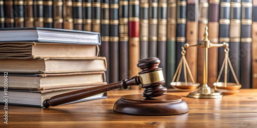 Wooden gavel lies on a desk surrounded by law books, files, and evidence, symbolizing fairness and justice in a business and legislative setting.