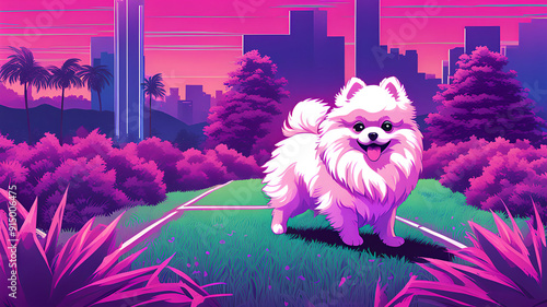 pink cartoon pomeranian dog in town