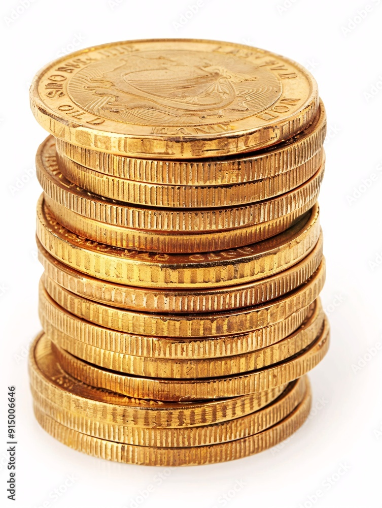 A stack of golden coins on a white background. A stack of golden coins on a white background.
