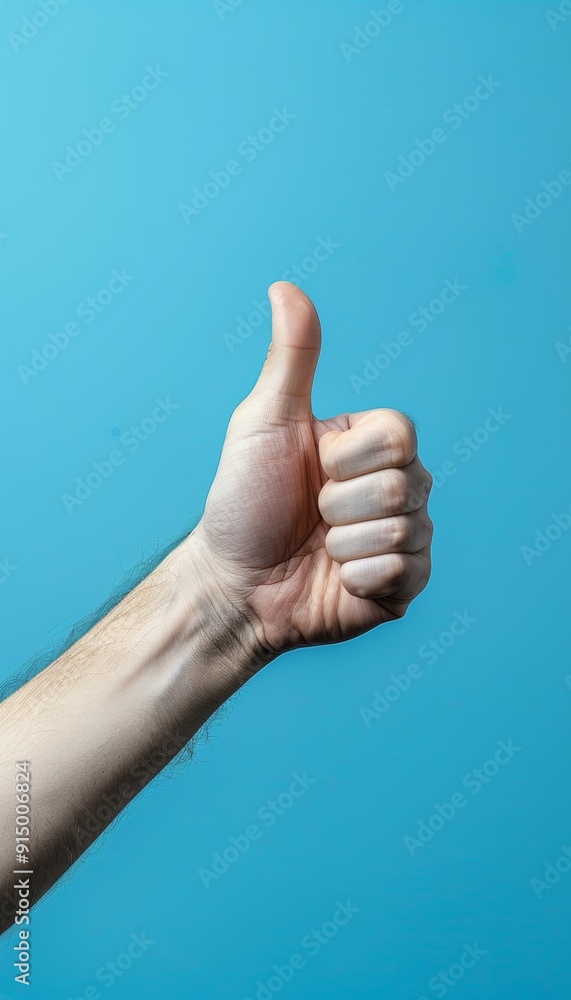 Realistic photo of hand showing thumbs up on plain blue background for visual content Realistic photo of hand showing thumbs up on plain blue background for visual content