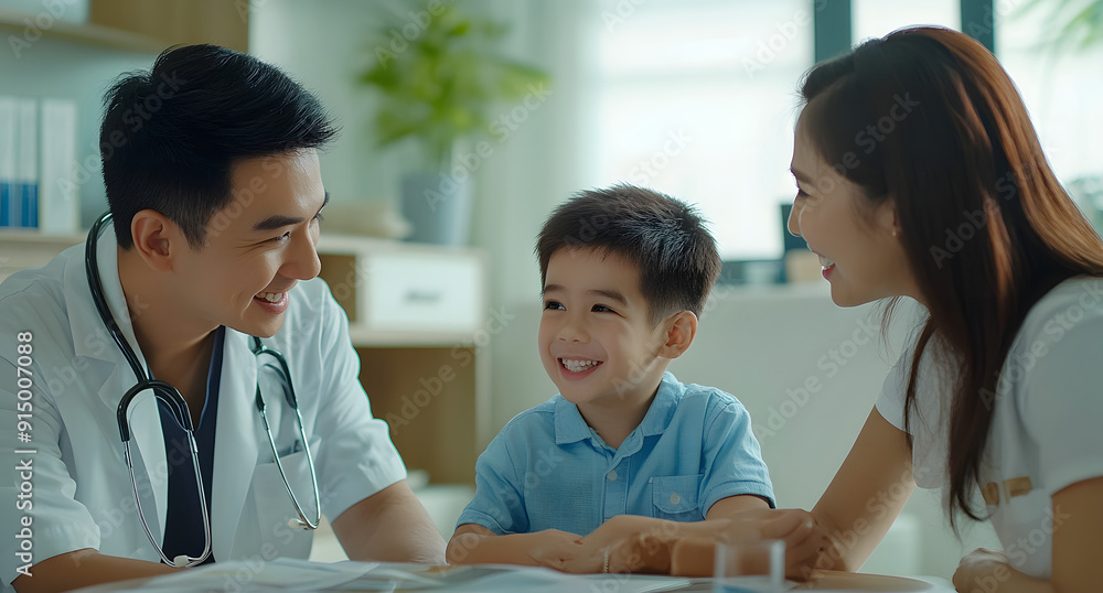 A Smiling Asian Boy with His Mother and Doctor in the Clinic A Smiling Asian Boy with His Mother and Doctor in the Clinic
