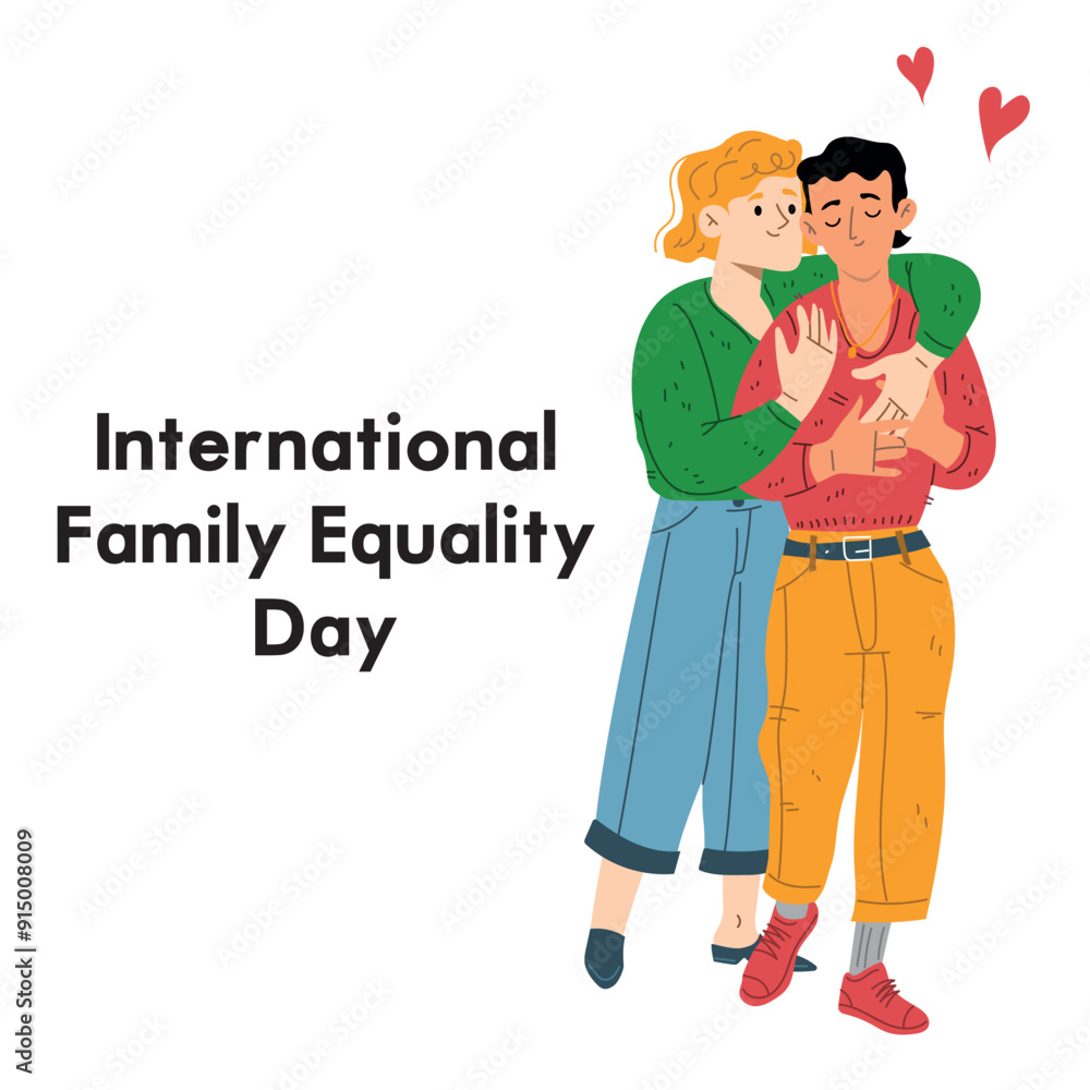 International Family Equality Day IFED. Couple hugging. LGBT boys. Celebrate Pride Month vector illustration. LGBTQ social media banner or post template, greeting card.