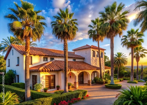 Serene Spanish-style villa with staccato roof tiles nestles among majestic mature palm trees, set against a soft, cloudy blue sky with hints of warm sunlight. photo