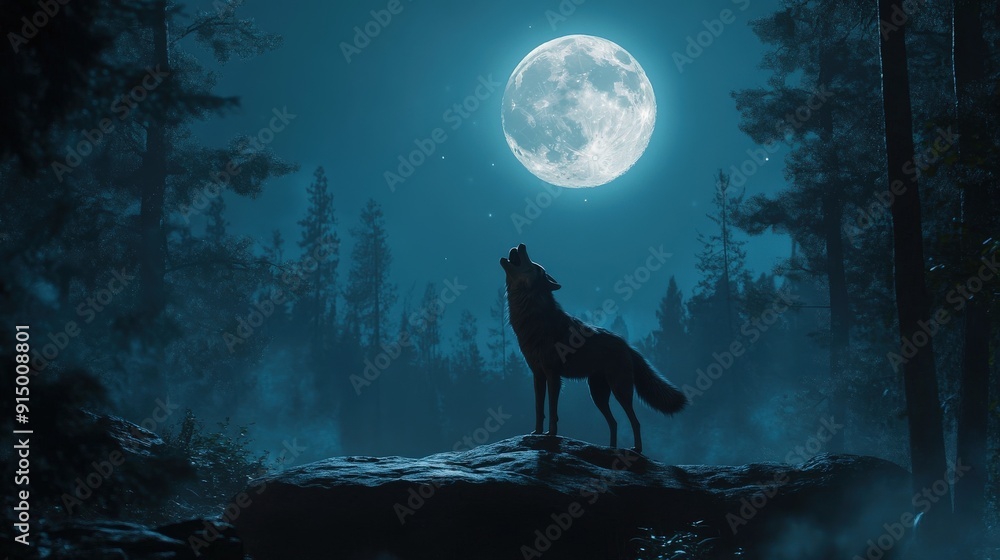 A majestic wolf howls at the full moon, standing in the midst of a mysterious forest. A majestic wolf howls at the full moon, standing in the midst of a mysterious forest.