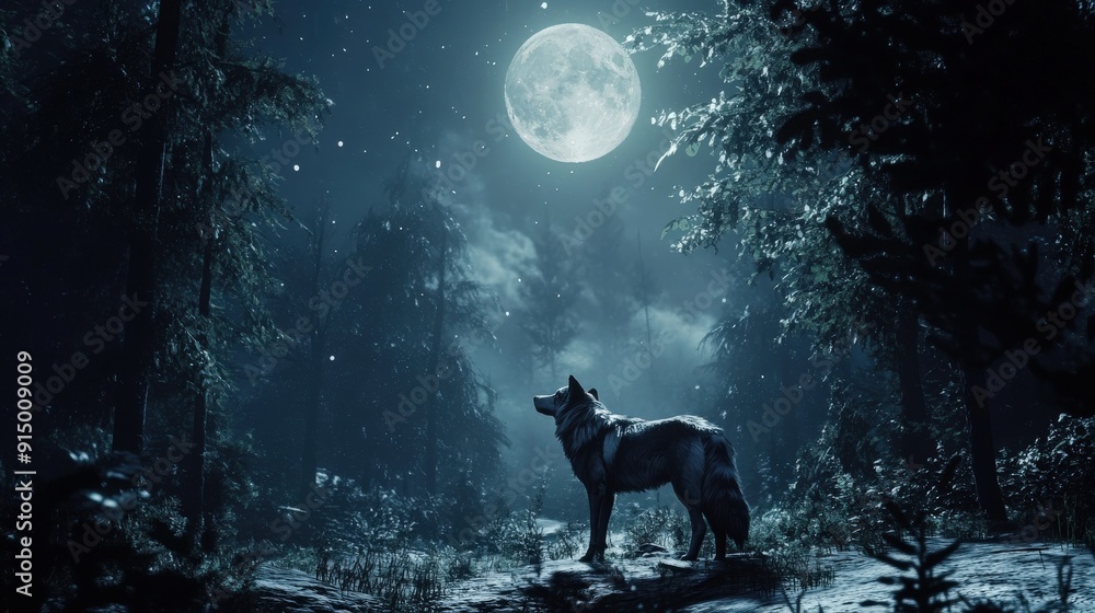 majestic wolf stands under the full moon, howling into the mysterious forest. majestic wolf stands under the full moon, howling into the mysterious forest.