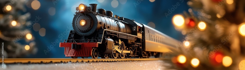 Naklejka premium A Christmas train set running around a decorated tree, evoking a sense of nostalgia and holiday cheer