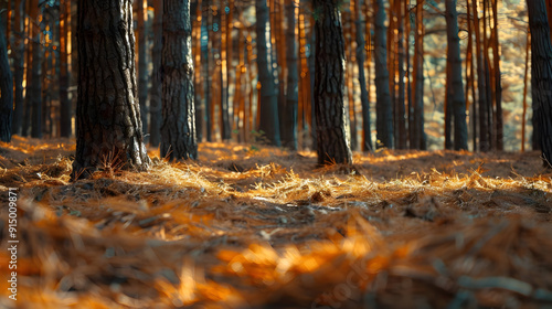 Forest Floor with Pine Needles and Sunlit Tree Trunks - Photo