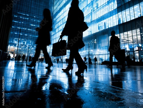 Stock image of silhouettes of people walking in a business district at twilight, blue-toned and reflective flooring, showcasing urban living.