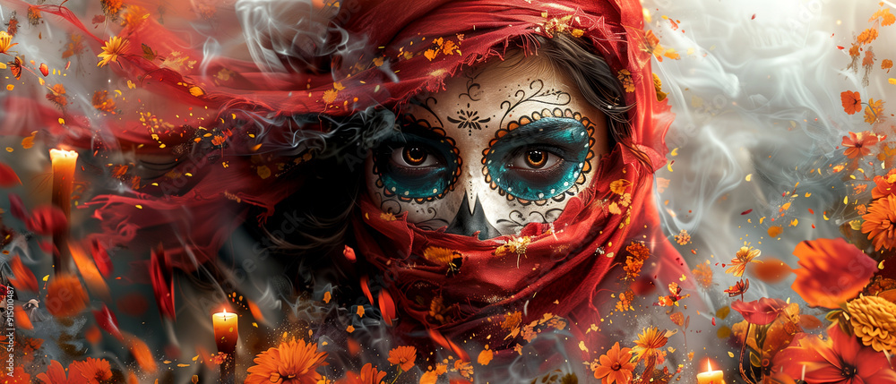 A woman with a red scarf and a blue and white face mask. The woman is surrounded by orange flowers and candles A woman with a red scarf and a blue and white face mask. The woman is surrounded by orange flowers and candles