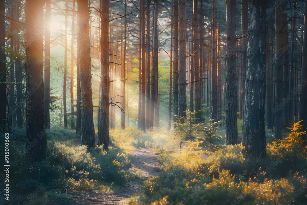 Sunrise in the Forest - A Beautiful Pathway Through Trees - Photo Sunrise in the Forest - A Beautiful Pathway Through Trees - Photo