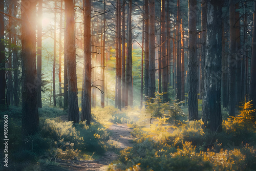 Fototapeta Naklejka Na Ścianę i Meble -  Sunrise in the Forest - A Beautiful Pathway Through Trees - Photo
