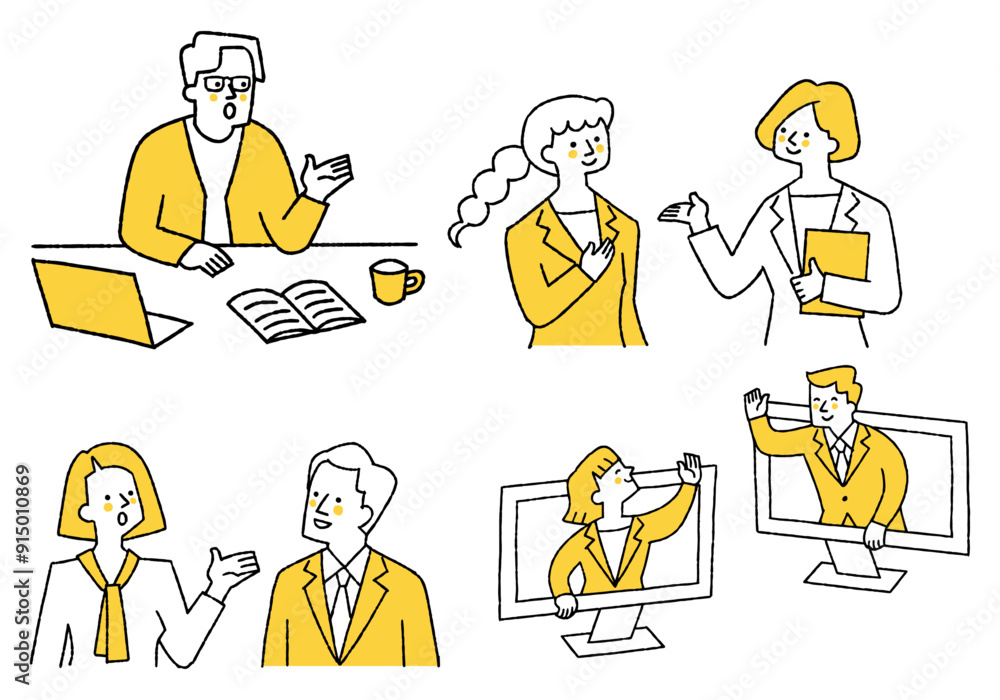 Set of business people working in various places Set of business people working in various places
