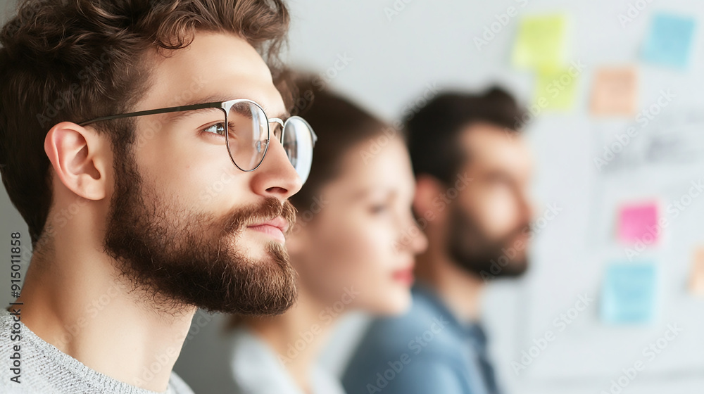 A group of young professionals brainstorming in a modern office, whiteboard and sticky notes, innovative and dynamic. A group of young professionals brainstorming in a modern office, whiteboard and sticky notes, innovative and dynamic.