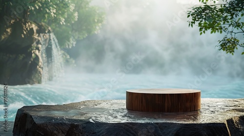 Minimalistic wooden podium with distinct grain against serene water and forest backdrop photo