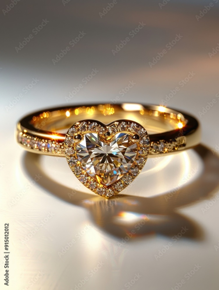 Elegant gold ring with a heart-shaped diamond centerpiece surrounded by smaller diamonds, creating a stunning sparkle against a soft background. Elegant gold ring with a heart-shaped diamond centerpiece surrounded by smaller diamonds, creating a stunning sparkle against a soft background.