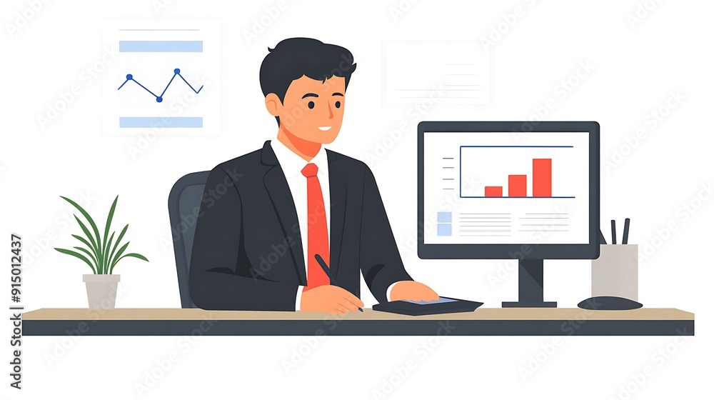 A young South Asian man in a suit works diligently at his desk, analyzing financial charts on a computer screen with a confident smile. A young South Asian man in a suit works diligently at his desk, analyzing financial charts on a computer screen with a confident smile.
