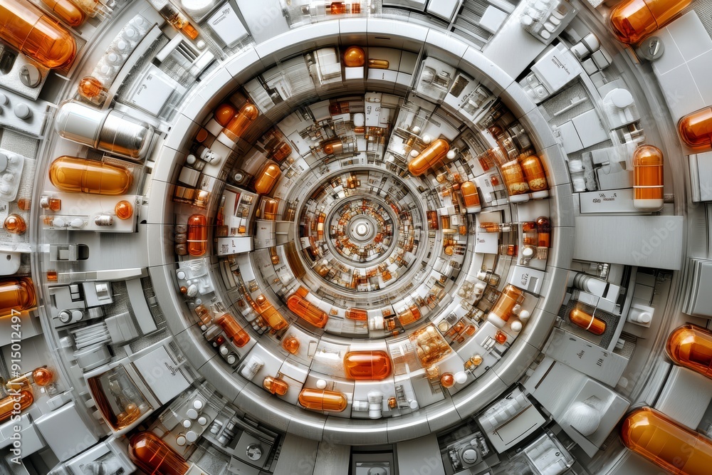 Obraz premium Circular arrangement of capsules and pills creating a vortex like pattern symbolizing the overwhelming presence of pharmaceuticals in modern life captured in a dynamic detailed image