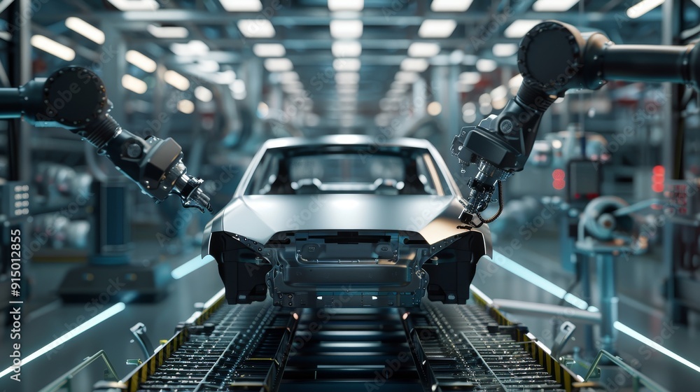 Obraz premium Robotic arms ensuring flawless car part finish in controlled painting environment