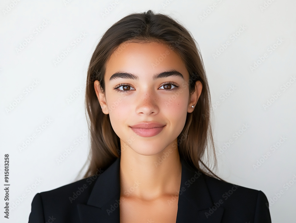 A professional woman posing for a headshot, white background, formal attire, confident and approachable expression.