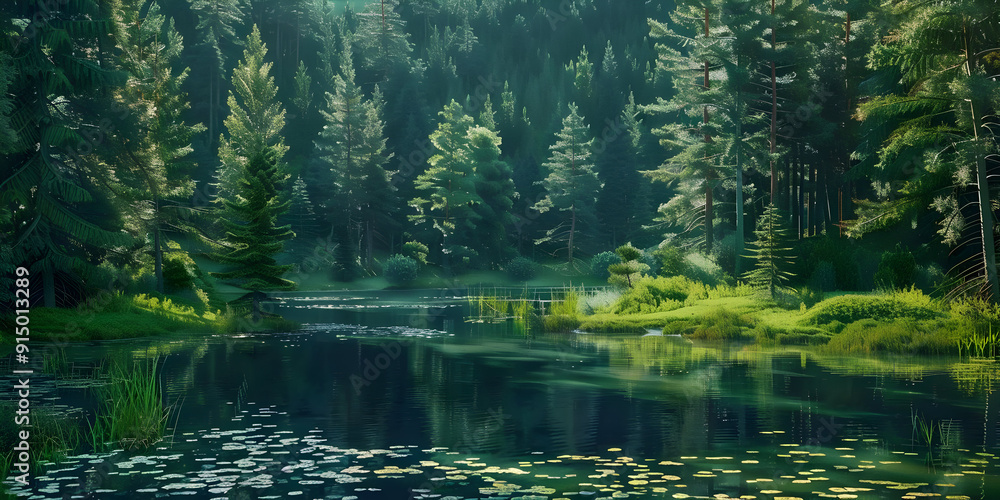 Tranquil Forest Lake with Lily Pads - Realistic Image Tranquil Forest Lake with Lily Pads - Realistic Image