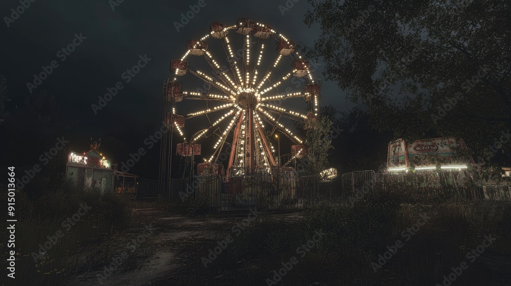 Spooky carnival with broken rides and dim lights Spooky carnival with broken rides and dim lights