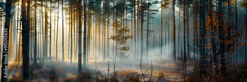 Misty Forest Sunlight Landscape Photo