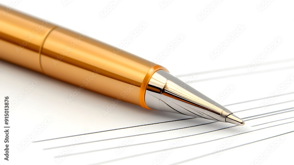 A close-up of a sleek golden ballpoint pen resting on lined paper, exuding elegance and sophistication in a minimalist style. A close-up of a sleek golden ballpoint pen resting on lined paper, exuding elegance and sophistication in a minimalist style.