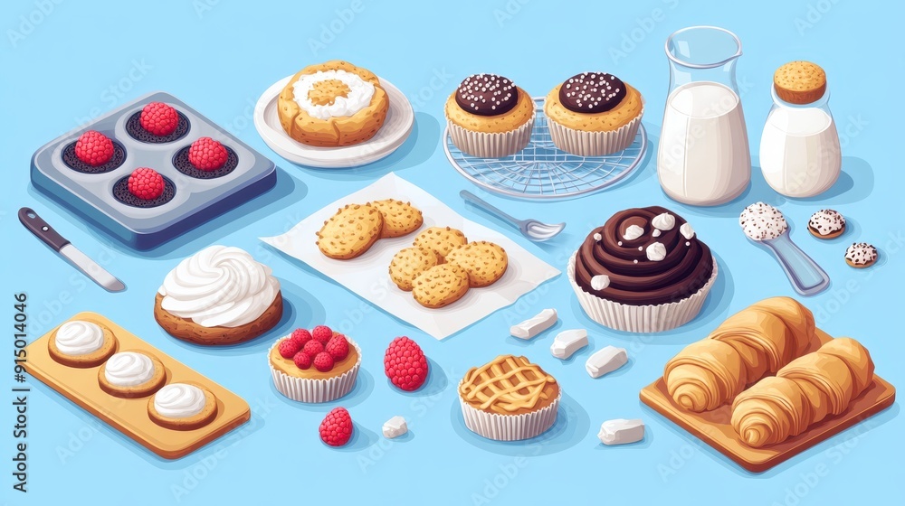 Set of Bakery and cookie set,Baking ingredients and kitchen utensil icons,Vector flat cartoon illustration,baking flour,eggs,milk,sugar,oil,jam,water for preparation bake vector. Set of Bakery and cookie set,Baking ingredients and kitchen utensil icons,Vector flat cartoon illustration,baking flour,eggs,milk,sugar,oil,jam,water for preparation bake vector.