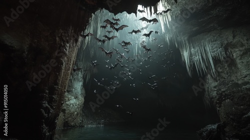 In the darkness of the cave, bats hang from the ceiling, their detailed wings and feathers creating a beautiful display. photo