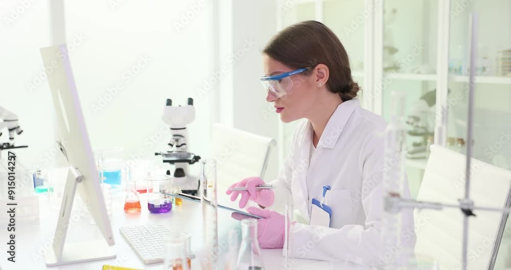 Woman scientist compares data with information displayed on computer screen. Female researcher in glasses verifies results of research with precision Woman scientist compares data with information displayed on computer screen. Female researcher in glasses verifies results of research with precision