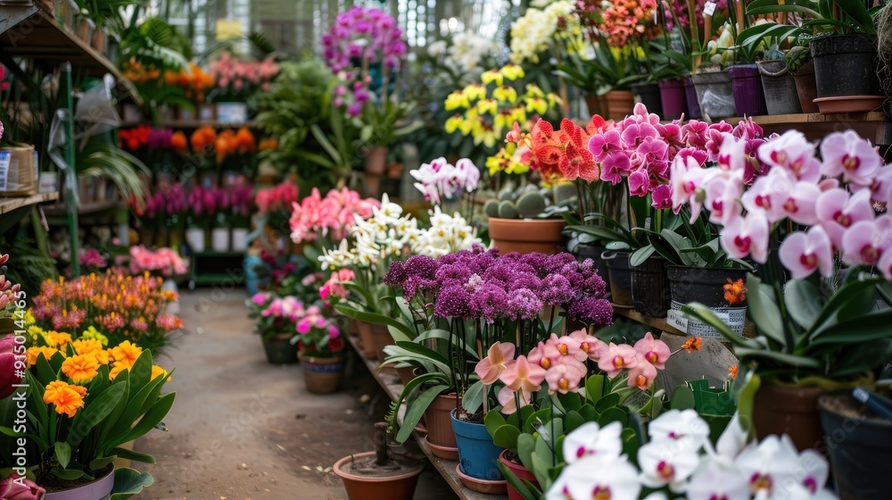 Fototapeta premium A Colorful Display of Orchids and Flowers in a Greenhouse