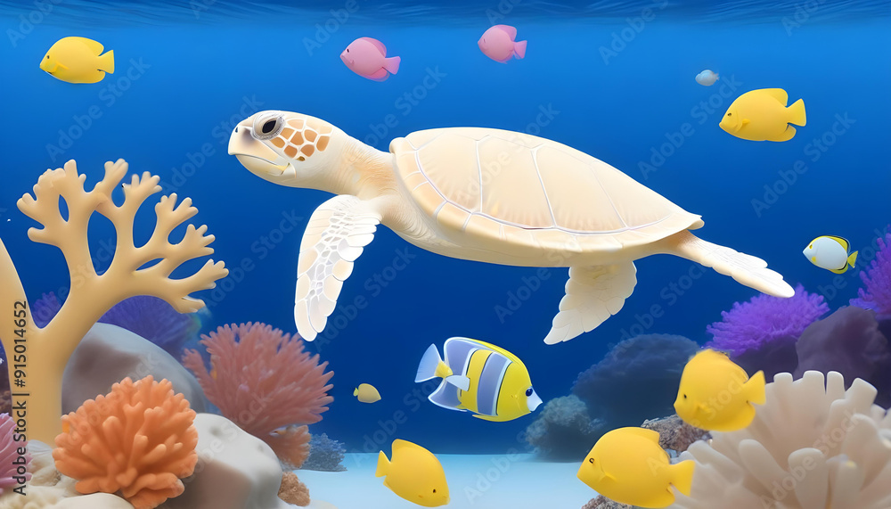 Naklejka premium white sea turtle swimming in an underwater scene with colorful coral 3