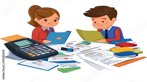 A boy and a girl engaged in studying together, surrounded by paperwork, colorful folders, and a calculator, showcasing collaboration and focus.