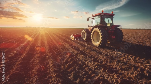 Tractor cultivating expansive field under beautiful sky realistic wide angle shot