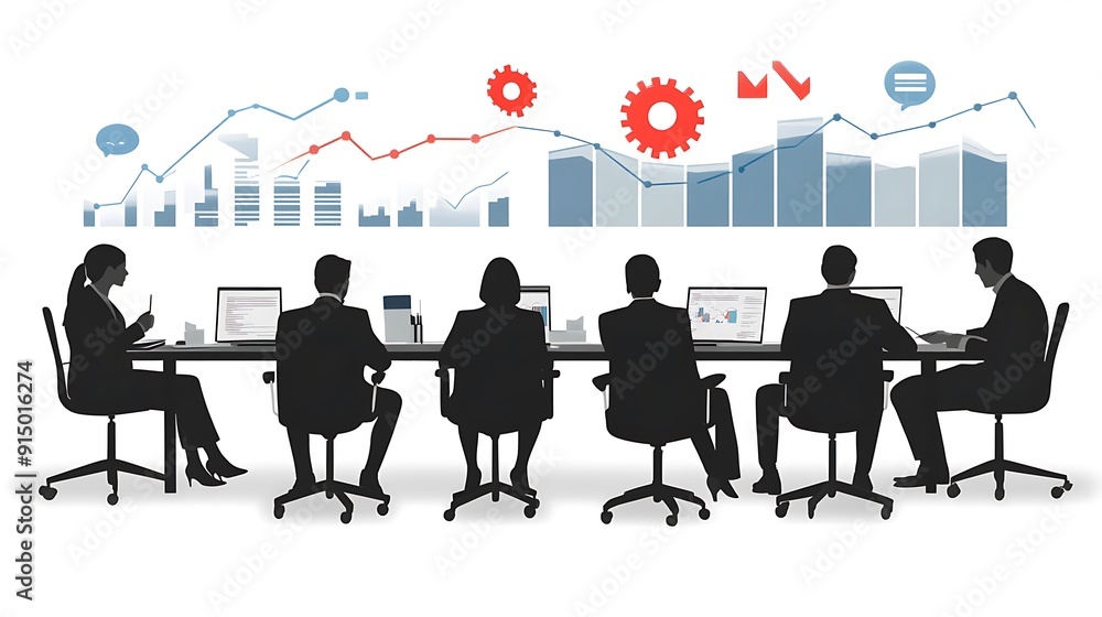 A diverse group of six professionals, including men and women, engaged in a business meeting with data visualizations displayed behind them. A diverse group of six professionals, including men and women, engaged in a business meeting with data visualizations displayed behind them.