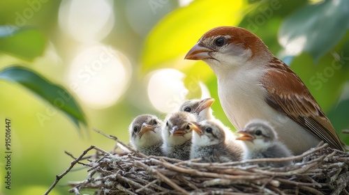 Mother Bird Protecting Her Chicks in a Nest