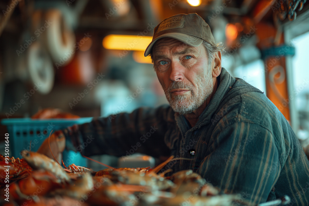 Lobsterman, man in a boat, cautching lobsters and fish Lobsterman, man in a boat, cautching lobsters and fish