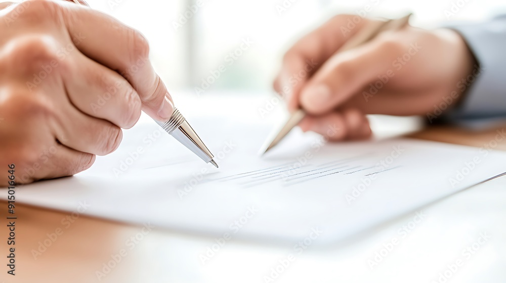 Two hands signing a contract with pens, symbolizing agreement and partnership in a professional setting. Two hands signing a contract with pens, symbolizing agreement and partnership in a professional setting.