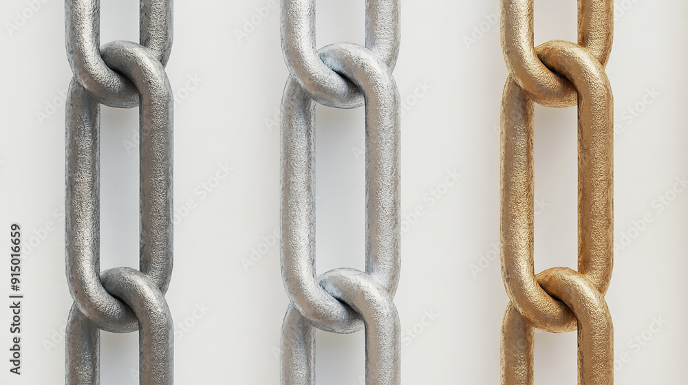 Metal, silver, and gold chain on white background. Metal, silver, and gold chain on white background.